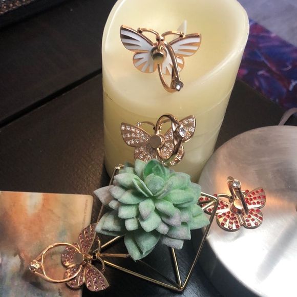 - #163 🤍Cell Phone Ring Stand Holder Grip White Striped Bling Butterfly🤍🦋 - Picture 13 of 17